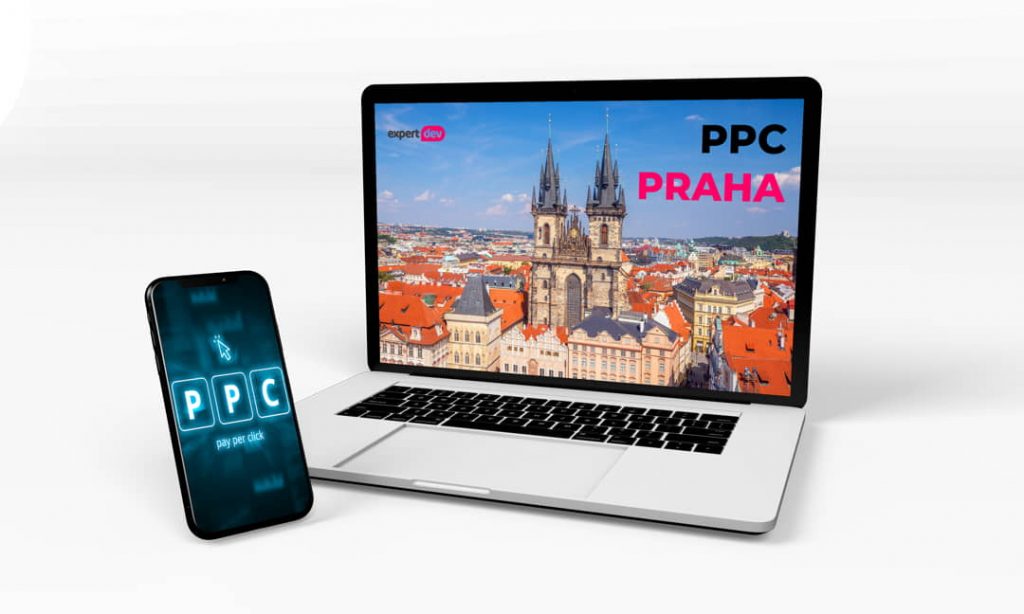 Notebook s mobilem a nápisem PPC Praha na displeji