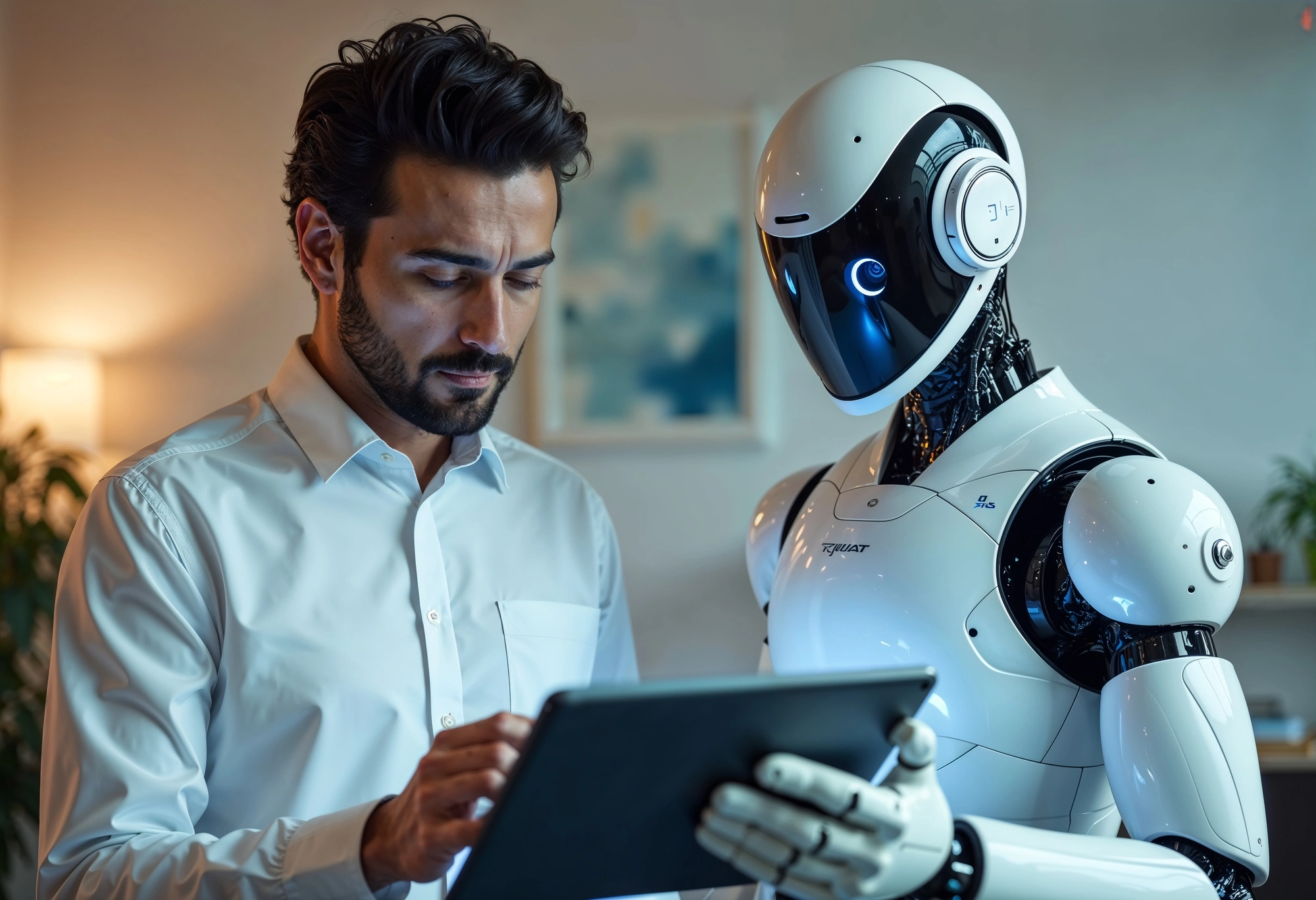 Marketingový specialista využívající AI automatizace na tabletu