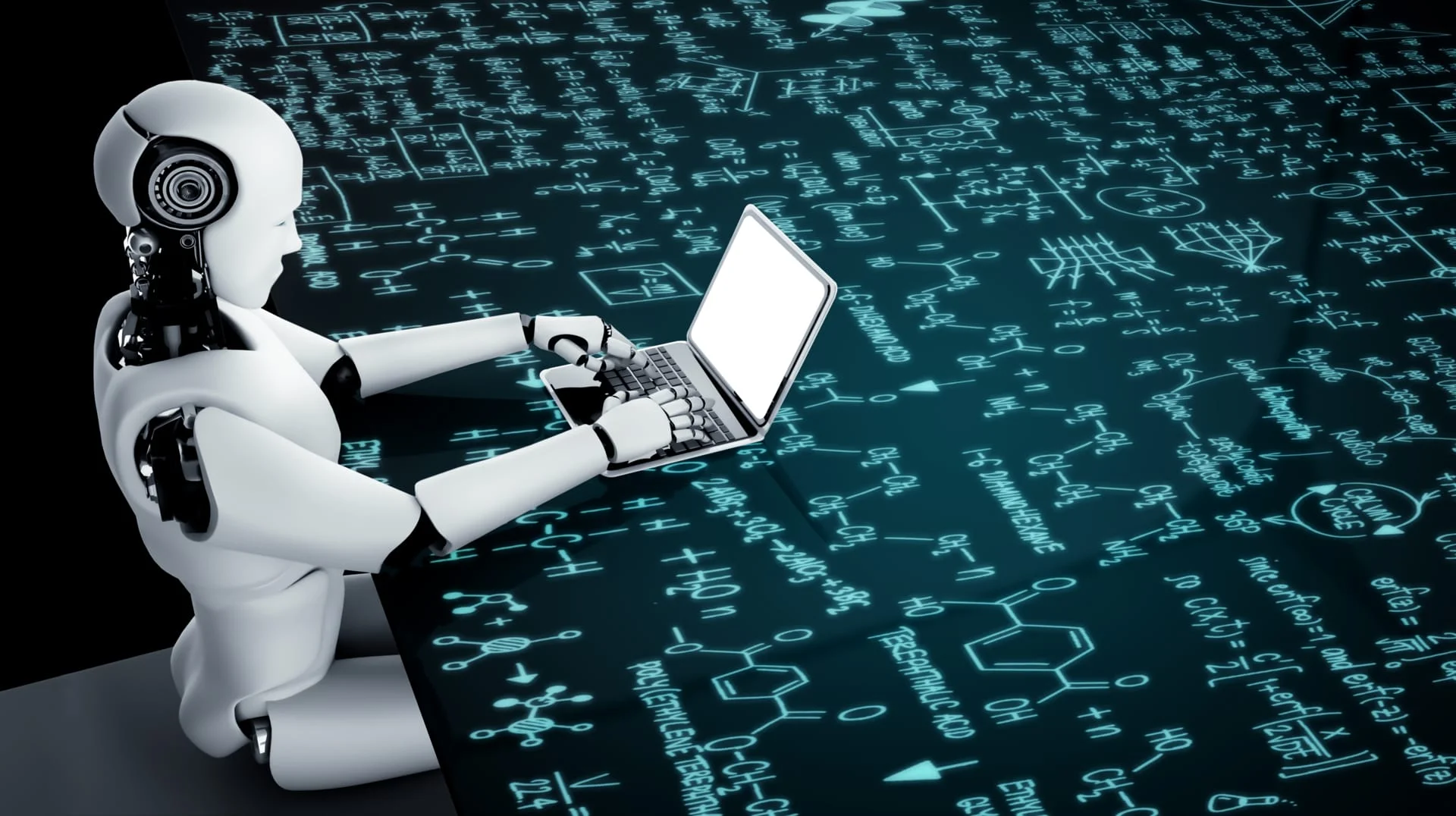 Ilustrace robota pracujícího na notebooku, symbolizující využití umělé inteligence v SEO nástrojích.