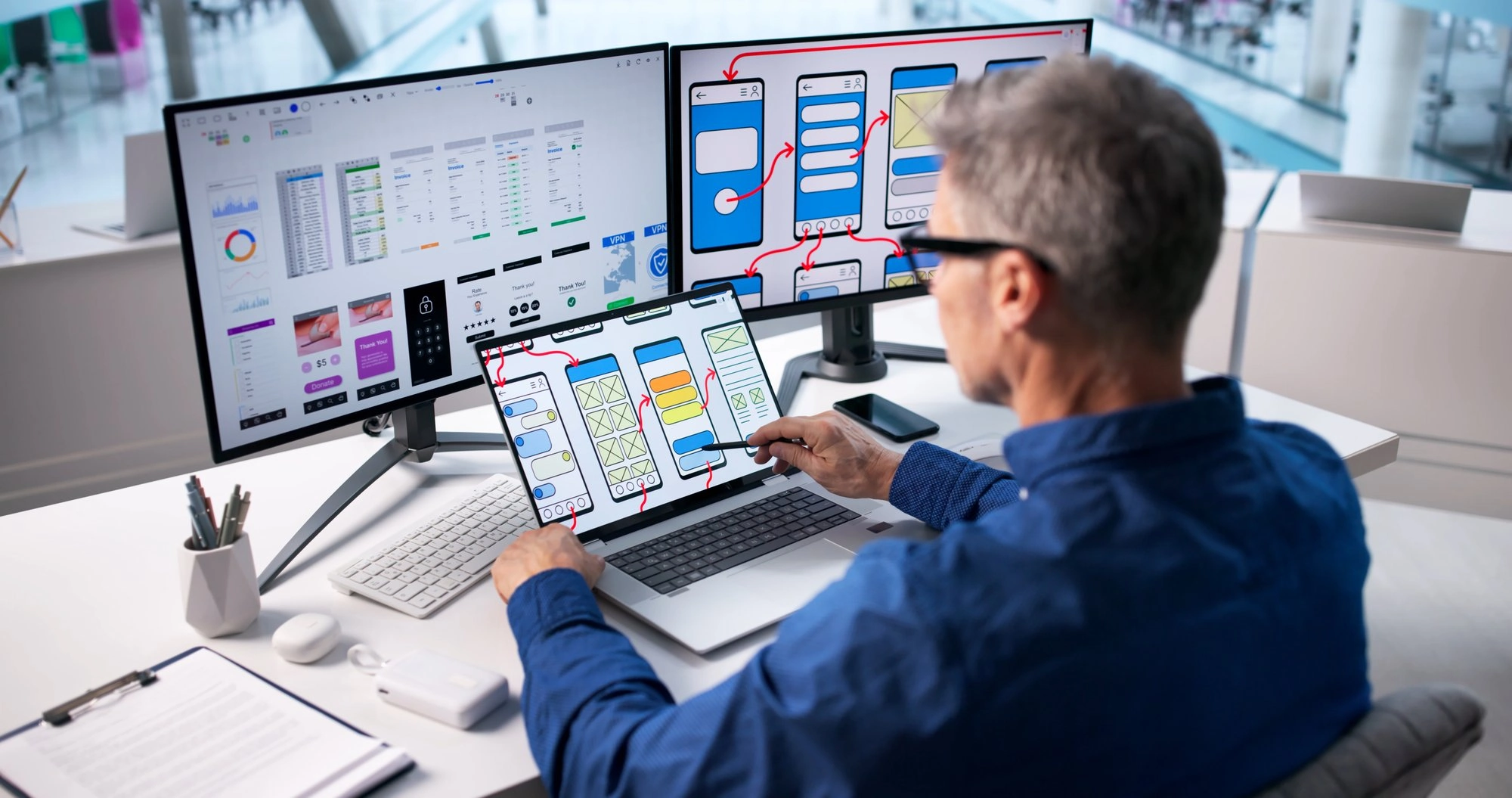 Vývojář Expert Dev s notebookem při vývoji mobilní aplikace na míru