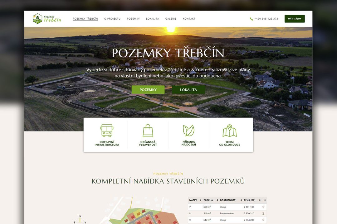 screenshot webové stránky developera Pozemků v Třebčíně